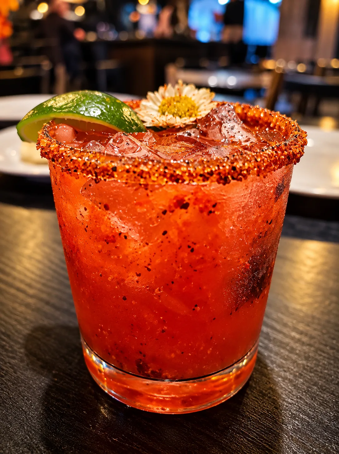 Michelada escarchada con chile en la barra